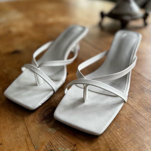 White Faux Leather Scrappy Square Toe Kitten Heel Slides - Picture 3 of 9